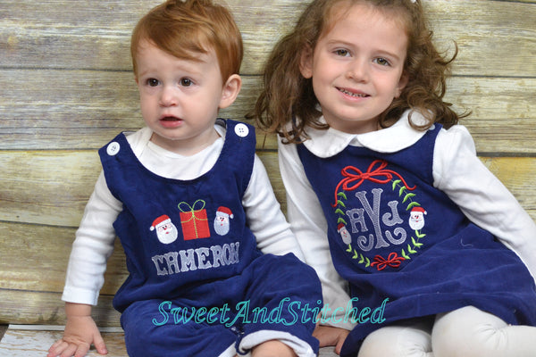 Monogrammed Corduroy Christmas dress in navy with trees design, Girls personalized Christmas dress, coordinating sibling Christmas outfits