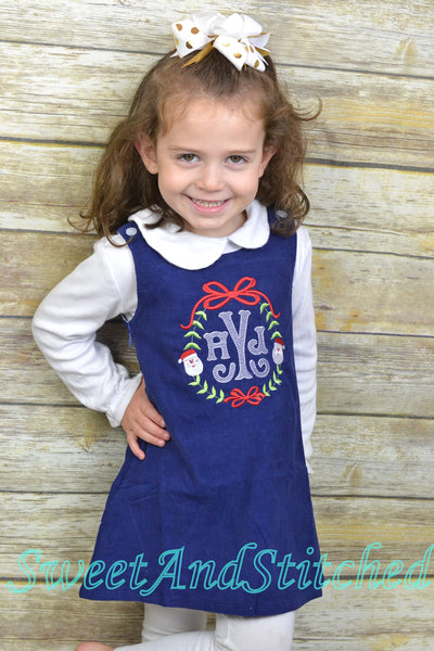 Monogrammed Corduroy Christmas dress in navy with trees design, Girls personalized Christmas dress, coordinating sibling Christmas outfits