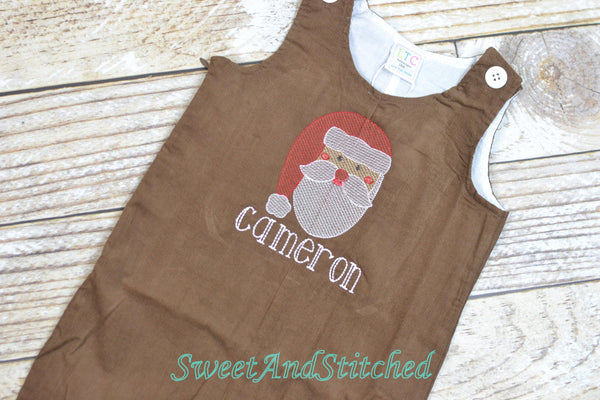 Baby Boy Christmas outfit with Santa face and name in vintage style, boys corduroy Santa overalls personalized