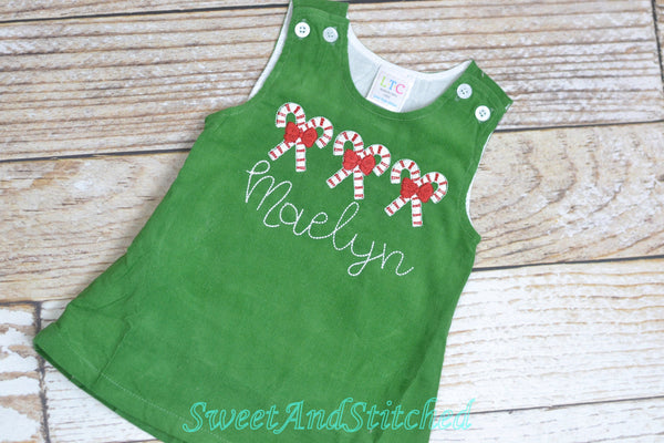 Girls candy cane Christmas dress - Monogrammed Christmas outfit- Corduroy Christmas jumper dress - baby girl christmas outfit