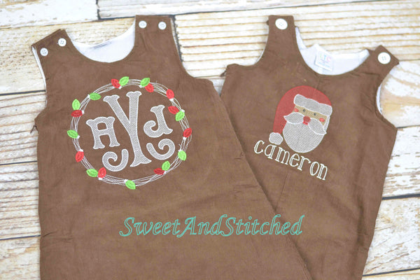 Baby Boy Christmas outfit with Santa face and name in vintage style, boys corduroy Santa overalls personalized