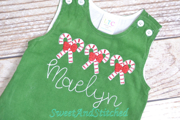 Girls candy cane Christmas dress - Monogrammed Christmas outfit- Corduroy Christmas jumper dress - baby girl christmas outfit