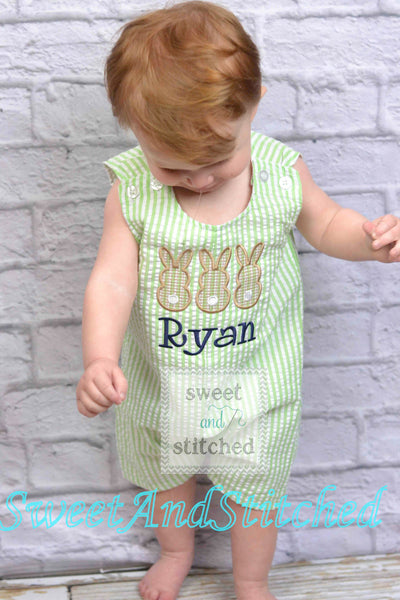 Baby Boy monogrammed Easter outfit with bunnies, toddler boys easter romper or jon jon, choose your design, name or monogram
