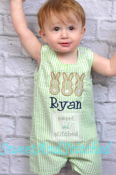 Baby Boy monogrammed Easter outfit with bunnies, toddler boys easter romper or jon jon, choose your design, name or monogram