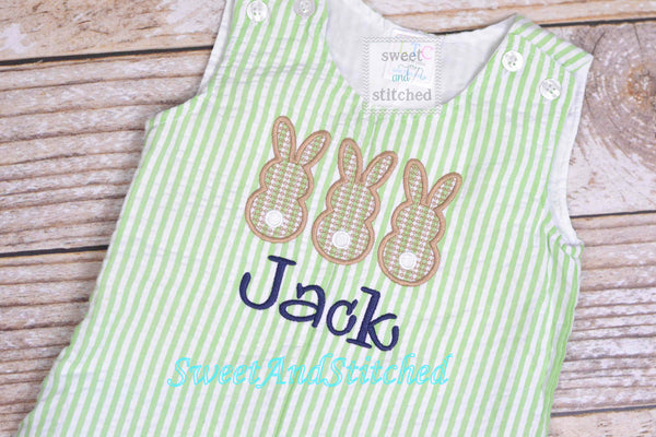 Baby Boy monogrammed Easter outfit with bunnies, toddler boys easter romper or jon jon, choose your design, name or monogram
