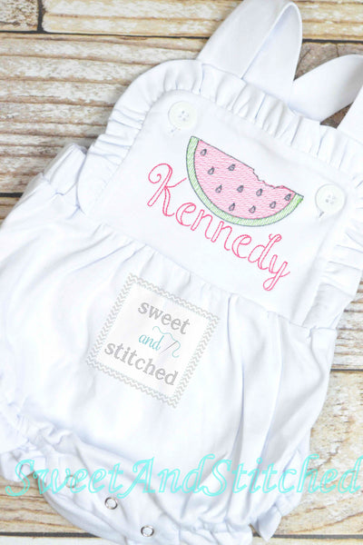 Monogrammed baby girl ruffle bubble with watermelons, girls summer watermelon outfit