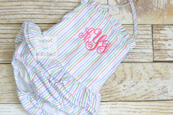 Girls Monogrammed rainbow Swimsuits, girls seersucker 1 piece swimsuit