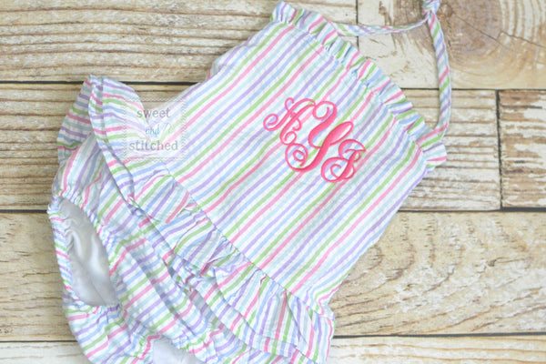 Girls Monogrammed rainbow Swimsuits, girls seersucker 1 piece swimsuit