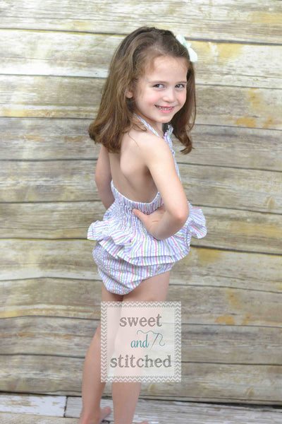 Girls Monogrammed rainbow Swimsuits, girls seersucker 1 piece swimsuit