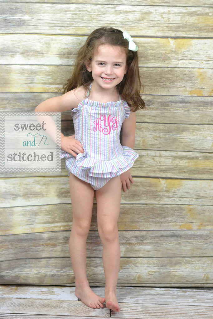 Girls Monogrammed rainbow Swimsuits, girls seersucker 1 piece swimsuit –  Sweet and Stitched