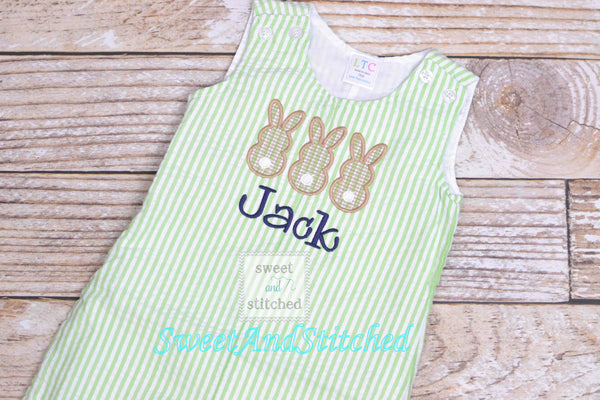 Baby Boy monogrammed Easter outfit with bunnies, toddler boys easter romper or jon jon, choose your design, name or monogram