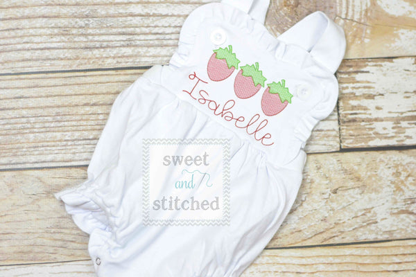 Monogrammed baby girl ruffle bubble with strawberries, girls summer strawberry outfit