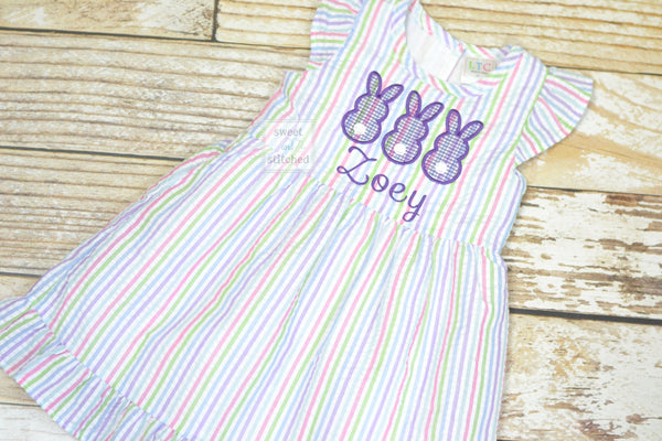 Monogrammed Seersucker Easter dress with bunnies, toddler dress, baby girl easter dress personalized, rainbow easter dress with bunnies