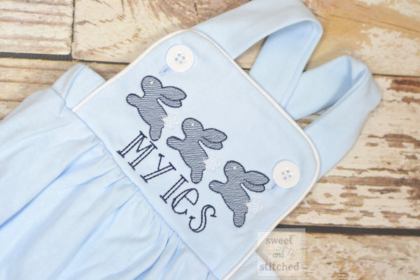 Monogrammed boys easter romper in baby blue, Boys easter outfit with running bunnies