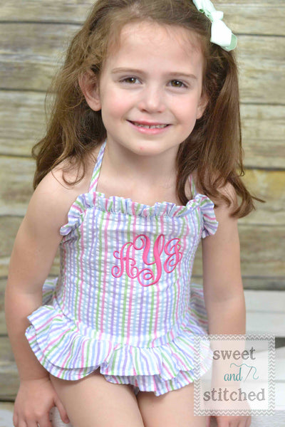 Girls Monogrammed rainbow Swimsuits, girls seersucker 1 piece swimsuit