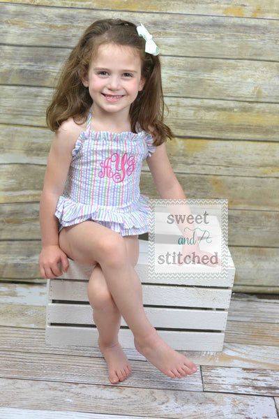 Girls Monogrammed rainbow Swimsuits, girls seersucker 1 piece swimsuit