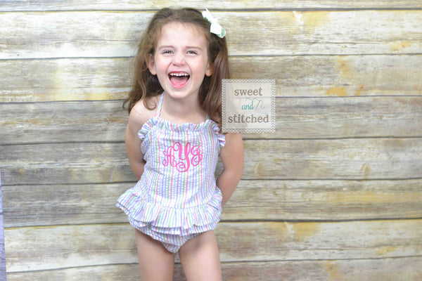 Girls Monogrammed rainbow Swimsuits, girls seersucker 1 piece swimsuit