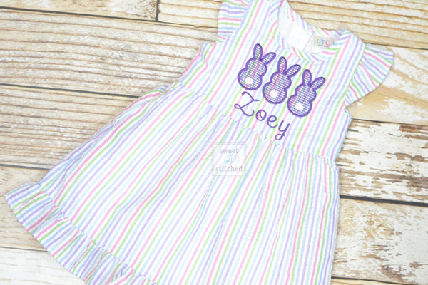 Monogrammed Seersucker Easter dress with bunnies, toddler dress, baby girl easter dress personalized, rainbow easter dress with bunnies
