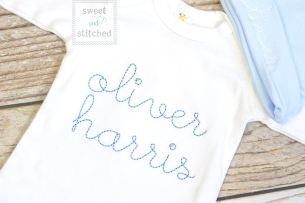 Baby boy monogrammed gown white and baby blue, baby boy take home outfit