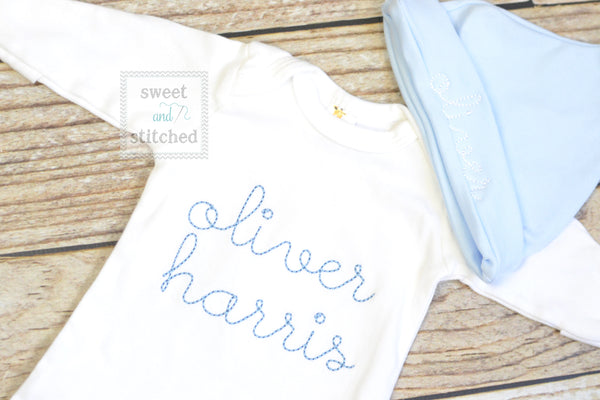 Baby boy monogrammed gown white and baby blue, baby boy take home outfit