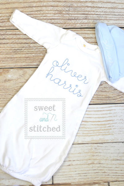 Baby boy monogrammed gown white and baby blue, baby boy take home outfit