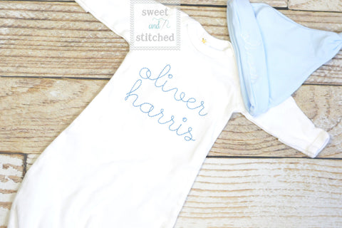 Baby boy monogrammed gown white and baby blue, baby boy take home outfit