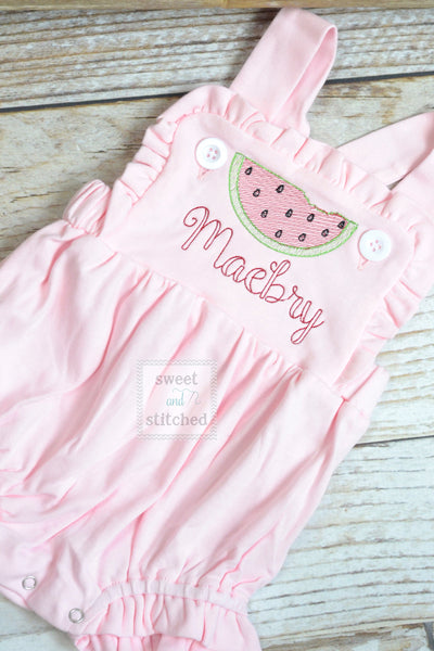 Monogrammed baby girl pink ruffle bubble with watermelons, girls watermelon outfit