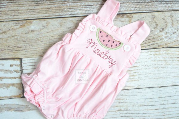 Monogrammed baby girl pink ruffle bubble with watermelons, girls watermelon outfit
