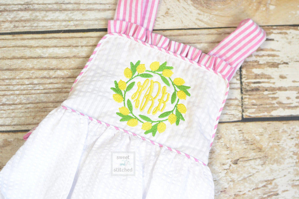 Monogrammed baby girl ruffle bubble with lemons, pink lemonade birthday outfit