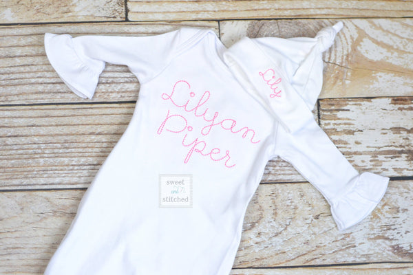 Baby girl monogrammed gown white and baby pink, baby girl take home outfit