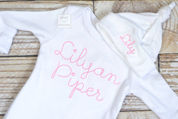 Baby girl monogrammed gown white and baby pink, baby girl take home outfit