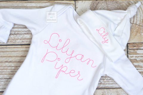 Baby girl monogrammed gown white and baby pink, baby girl take home outfit