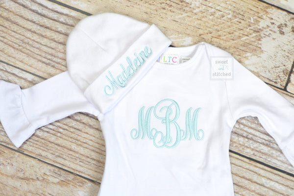 Baby girl monogrammed gown white and baby pink, baby girl take home outfit
