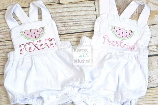 Monogrammed baby girl ruffle bubble with watermelons, girls summer watermelon outfit