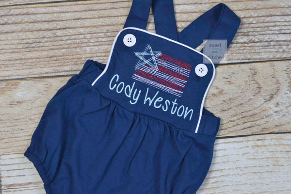 Boys 4th of July monogrammed outfit, boys patriotic bubble romper with vintage style flag design