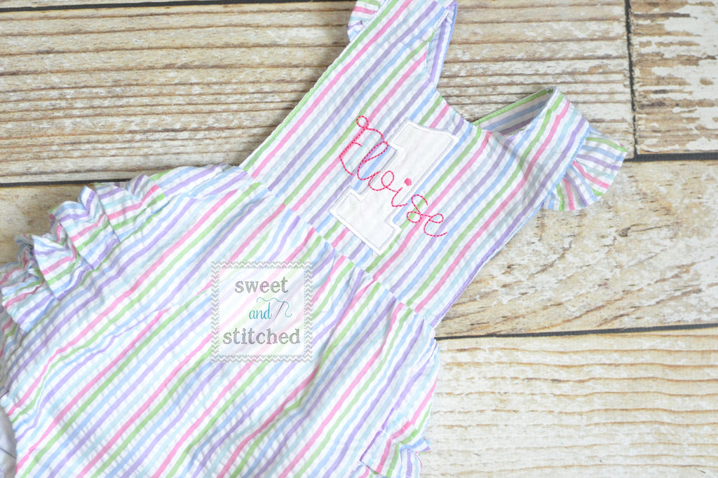 Monogrammed baby girl rainbow 1st birthday outfit ruffle bubble with 1 and name