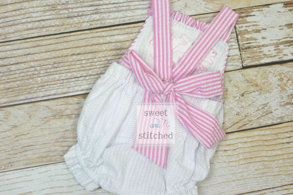 Monogrammed baby girl ruffle bubble with lemons, pink lemonade birthday outfit