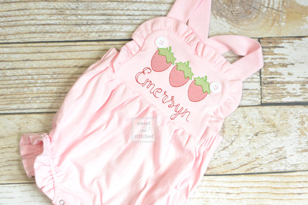 Monogrammed baby girl pink ruffle bubble with strawberries, girls strawberry outfit