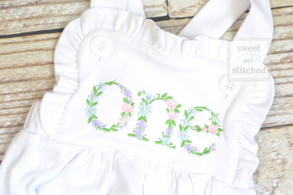 Embroidered baby girl cake smash outfit with floral ONE design, girls birthday outfit