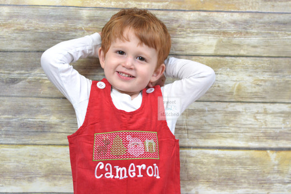 Personalized Baby Boy faux smocked Christmas outfit, red corduroy monogrammed Christmas overalls