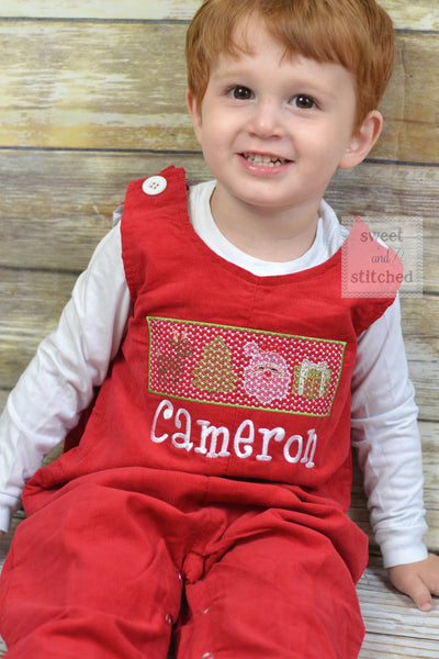 Personalized Baby Boy faux smocked Christmas outfit, red corduroy monogrammed Christmas overalls