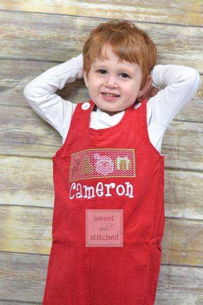 Personalized Baby Boy faux smocked Christmas outfit, red corduroy monogrammed Christmas overalls