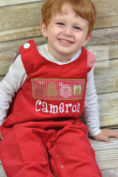 Personalized Baby Boy faux smocked Christmas outfit, red corduroy monogrammed Christmas overalls