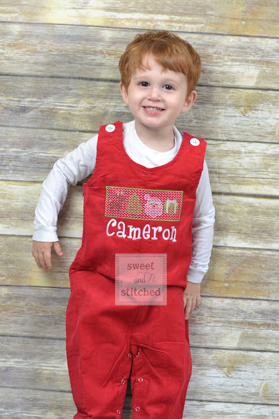 Personalized Baby Boy faux smocked Christmas outfit, red corduroy monogrammed Christmas overalls