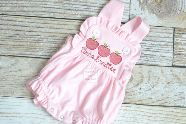 Monogrammed baby girl back to school outfit, monogrammed girls apple back to school bubble romper