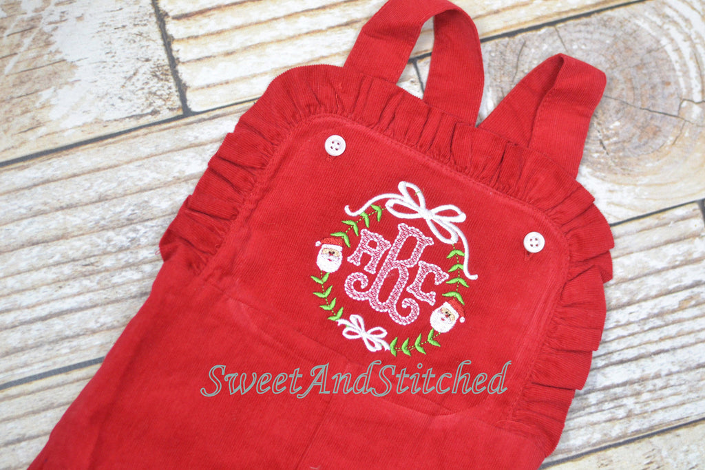Baby girl monogrammed Christmas outfit, Red Ruffle Christmas overalls