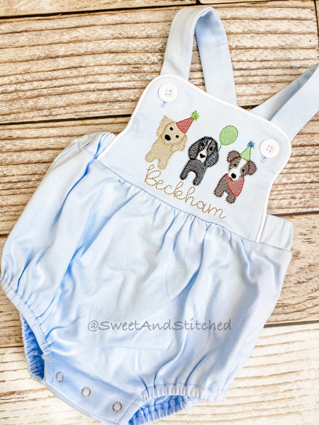 Monogrammed baby boy Birthday romper with puppies, dog birthday outfit