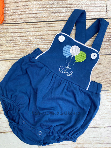 Monogrammed baby boy Birthday romper with balloons in navy, personalized boys bubble