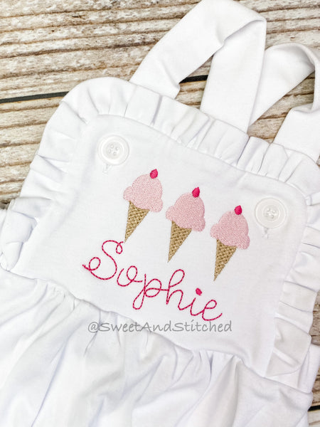 Monogrammed baby girl ruffle bubble with ice cream, girls summer ice cream cone outfit