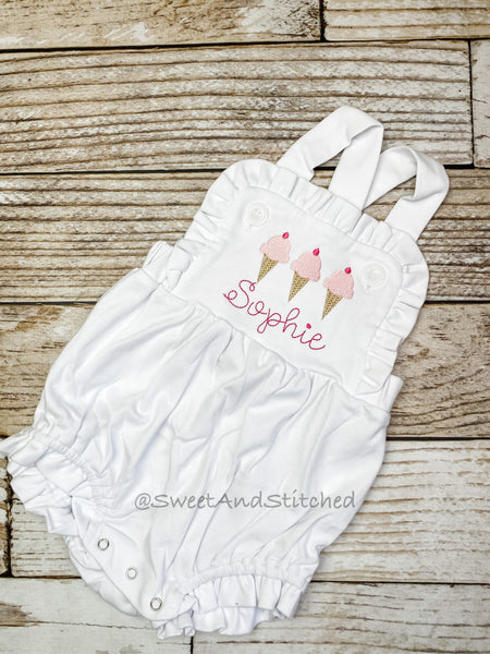Monogrammed baby girl ruffle bubble with ice cream, girls summer ice cream cone outfit